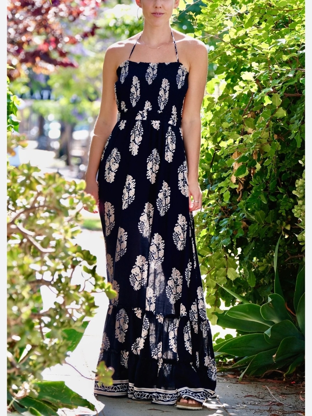 Cage Smocked Halter Maxi Dress in Navy with Cream Print size S like new